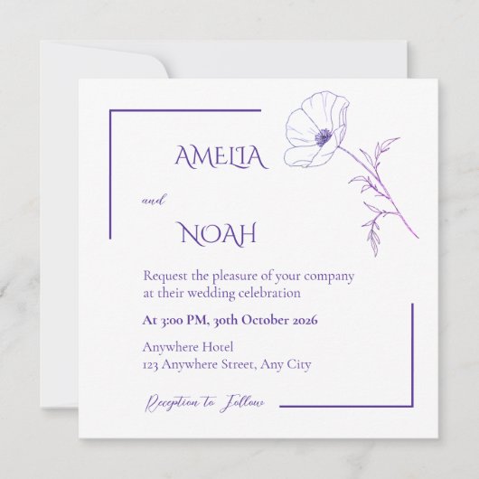 Modern Purple Line Art Floral Wedding Invitation 招待状 (正面)