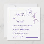 Modern Purple Line Art Floral Wedding Invitation 招待状 (正面)