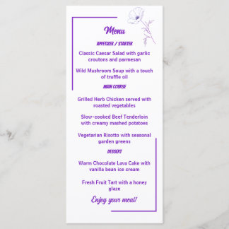 Modern Purple Line Art Floral Wedding Menu Card メニュー
