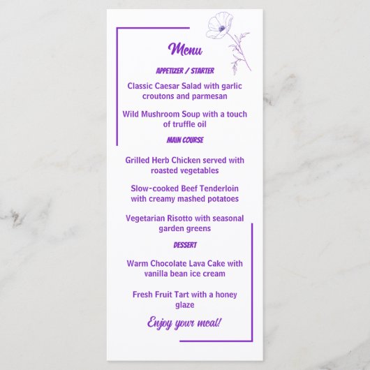 Modern Purple Line Art Floral Wedding Menu Card メニュー (正面)