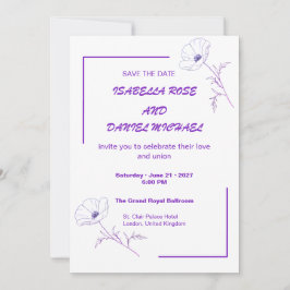 Modern Purple Line Art  Save the Date Wedding Card セーブザデート