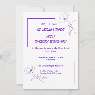 Modern Purple Line Art  Save the Date Wedding Card セーブザデート