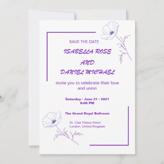 Modern Purple Line Art  Save the Date Wedding Card セーブザデート (正面)