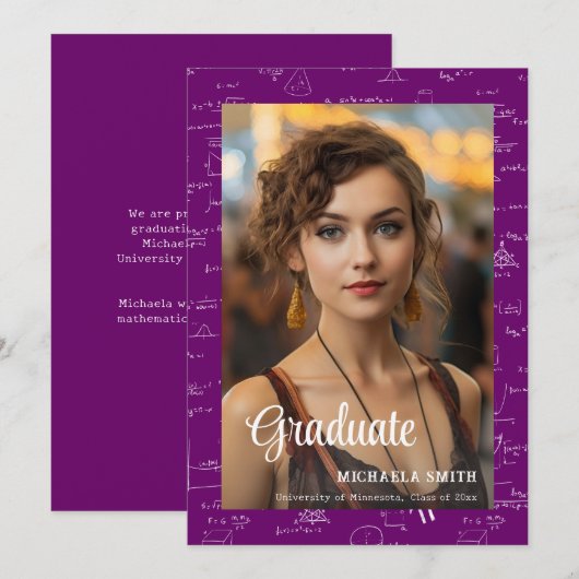 Modern Purple Math Photo College Graduation  案内状 (正面/裏面)