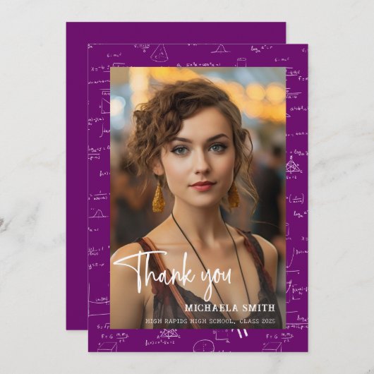 Modern Purple Math Script Photo Graduation サンキューカード (正面/裏面)