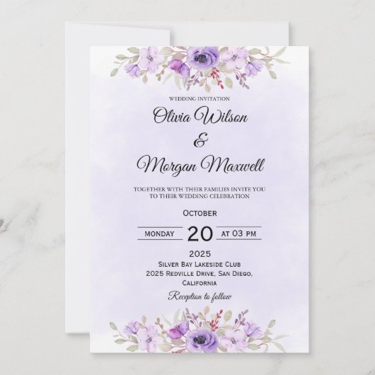 Modern Purple Minimalist Floral Wedding Invitation 招待状 (正面)