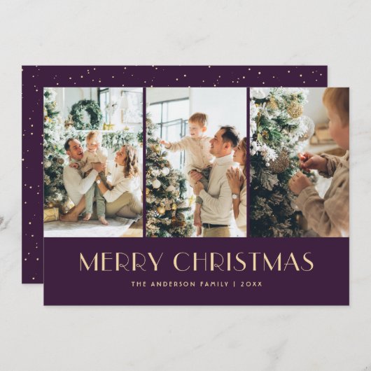 Modern Purple Photo Collage Christmas Card シーズンカード (正面/裏面)