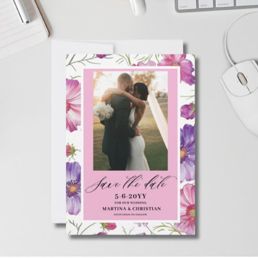 Modern Purple Pink Blossom Script Photo Wedding  セーブザデート