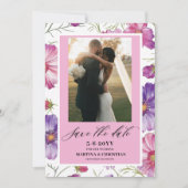 Modern Purple Pink Blossom Script Photo Wedding  セーブザデート (正面)