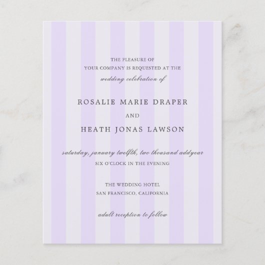 Modern Purple Stripes Budget Wedding Invite チラシ (正面)