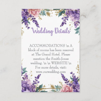 👉 Modern Purple Wisteria Gold Wedding Details Enc エンクロージャーカード