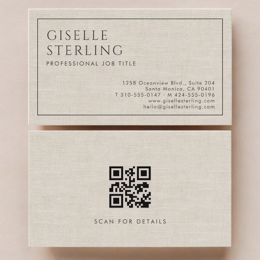 Modern QR Code Beige Linen Professional Luxury  名刺