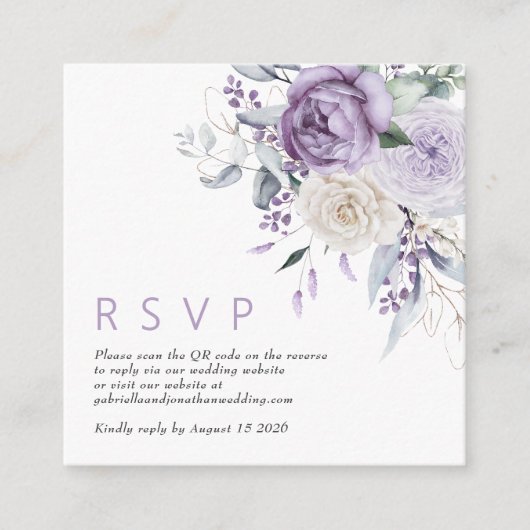 Modern QR Code Dusty Purple Floral Wedding RSVP エンクロージャーカード (正面)