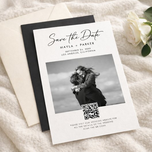 Modern QR Code Elegant Photo Wedding Save the Date セーブザデート