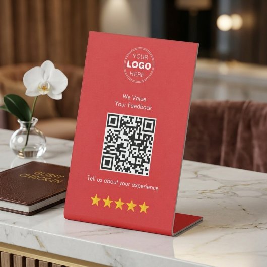 Modern QR Code Feedback & Review Red & White 台座サイン