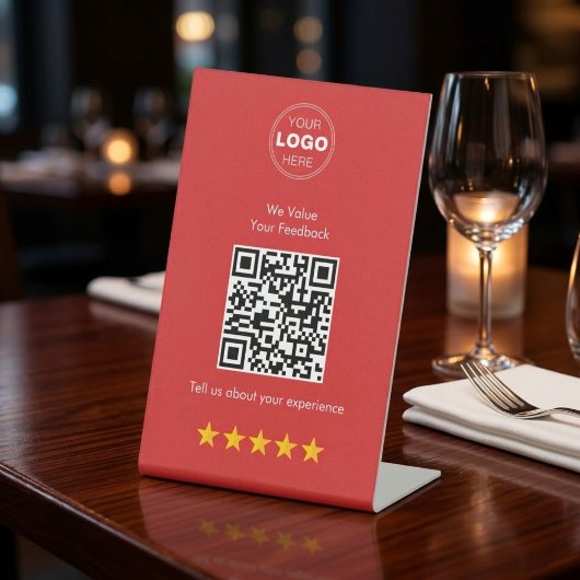 Modern QR Code Feedback & Review Red & White 台座サイン