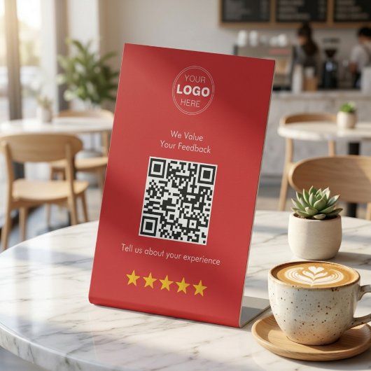 Modern QR Code Feedback & Review Red & White 台座サイン