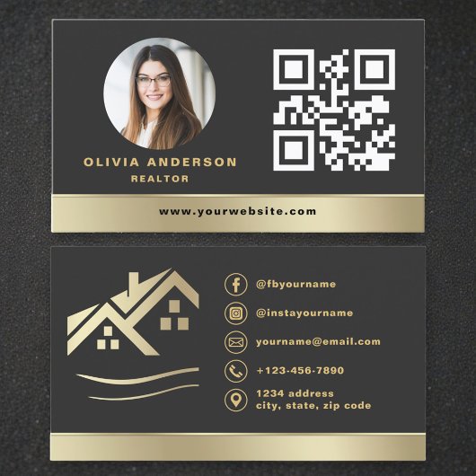 Modern QR Code Gold House Real Estate Realtor 名刺