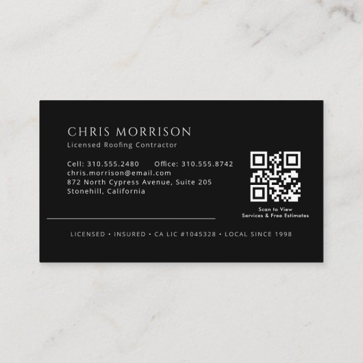 Modern QR Code Roofing Roofer Company Black 名刺 (裏面)