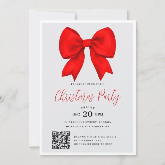 Modern QR Red Holiday Bow Christmas Party 招待状 (正面)