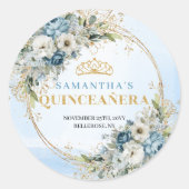 Modern Quinceañera Sticker Blue Gold Greenery ラウンドシール (正面)