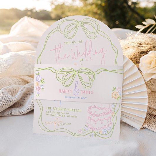 Modern quirky hand drawn bow PASTEL retro wedding 招待状ベリーバンド