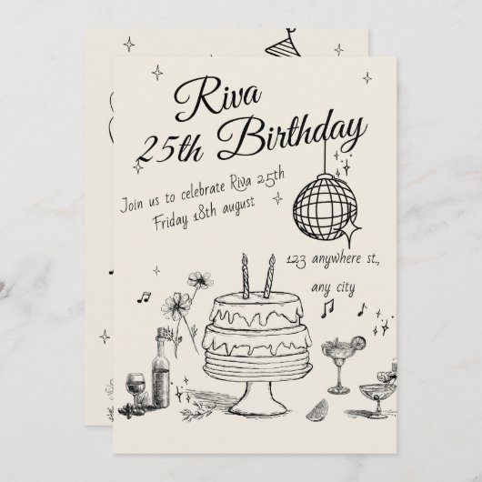 Modern Quirky Hand Drawn Party Invitation 招待状 (正面/裏面)