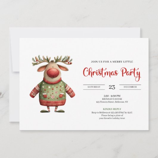 Modern Quirky Reindeer festive printable invites 招待状 (正面)