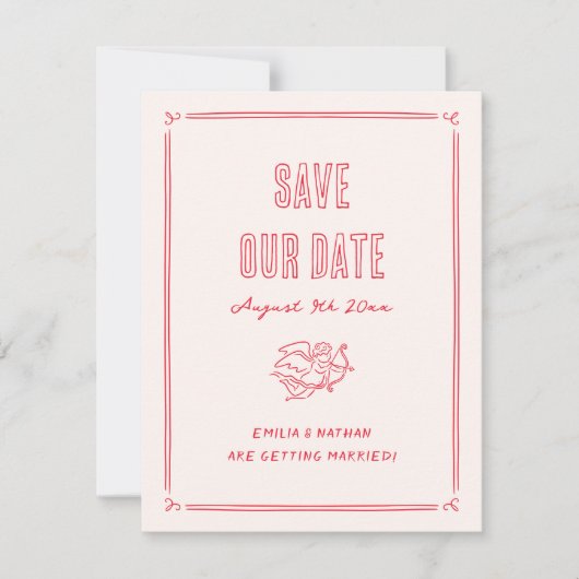 Modern Quirky Retro Hand Drawn Cupid Photo Wedding セーブザデート (正面)