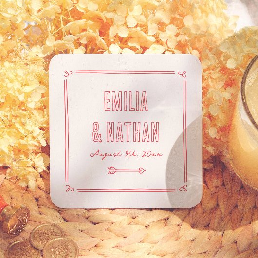 Modern Quirky Retro Hand Drawn Cupid Wedding スクエアペーパーコースター