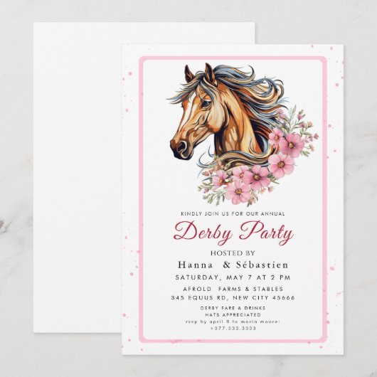 Modern Race Horse Derby Party Equestrian  招待状 (正面/裏面)