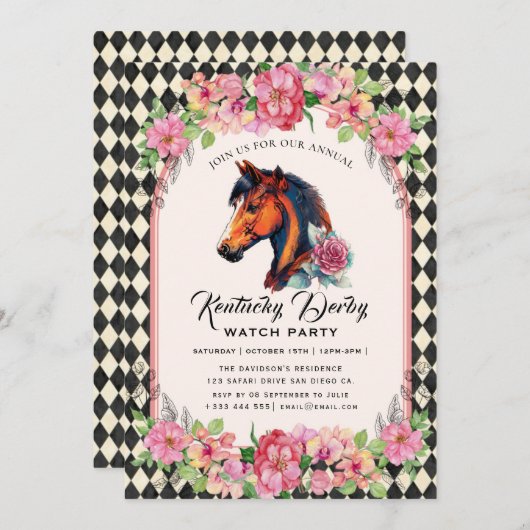 Modern Race Horse Derby Party Equestrian 招待状 (正面/裏面)