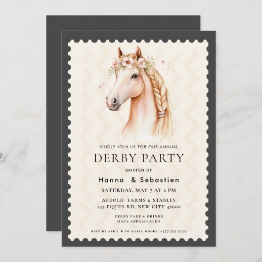 Modern Race Horse Derby Party Equestrian  招待状 (正面/裏面)