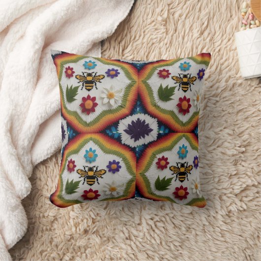 Modern Rainbow Fair Isle Knit Pattern Throw Pillow クッション (ブランケット)