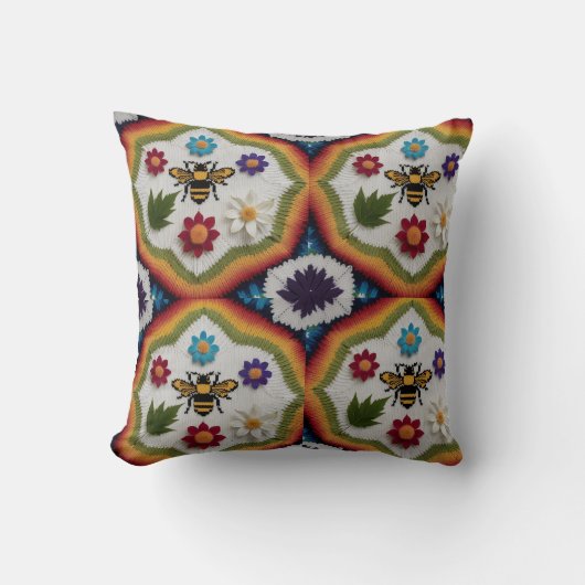 Modern Rainbow Fair Isle Knit Pattern Throw Pillow クッション (正面)