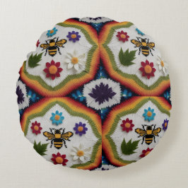 Modern Rainbow Fair Isle Knit Pattern Throw Pillow ラウンドクッション