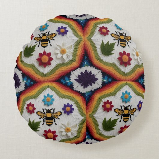 Modern Rainbow Fair Isle Knit Pattern Throw Pillow ラウンドクッション (正面)