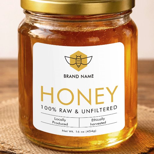Modern Raw Honey Bee Icon Jar Product Label スクエアシール