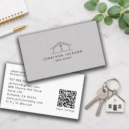 Modern Realtor Home Logo Gray Faux Linen 名刺