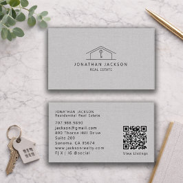 Modern Realtor Home Logo Gray Faux Linen 名刺