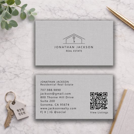 Modern Realtor Home Logo Gray Faux Linen 名刺