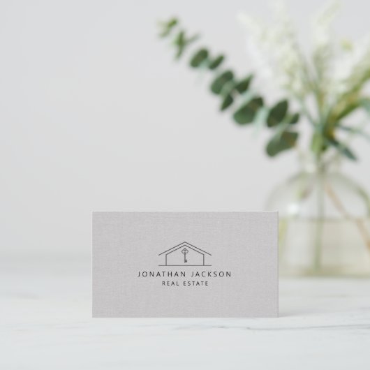 Modern Realtor Home Logo Gray Faux Linen 名刺 (スタンド正面)