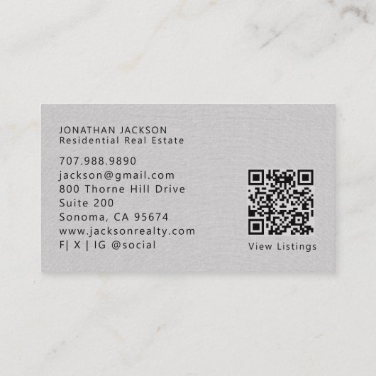 Modern Realtor Home Logo Gray Faux Linen 名刺 (裏面)