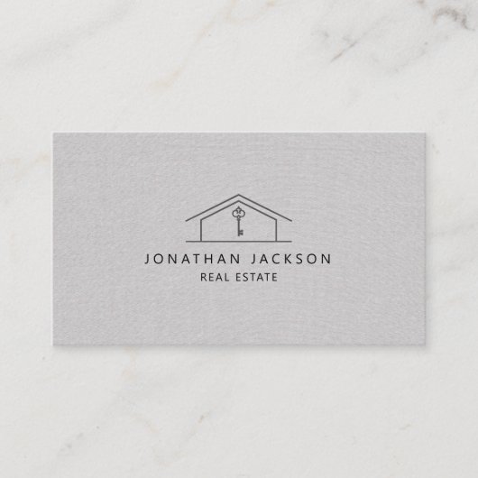 Modern Realtor Home Logo Gray Faux Linen 名刺 (正面)