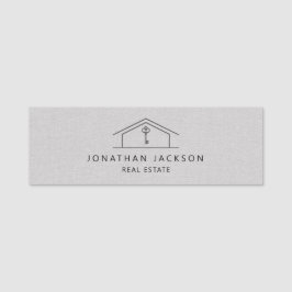 Modern Realtor Home Logo Gray Faux Linen 名札