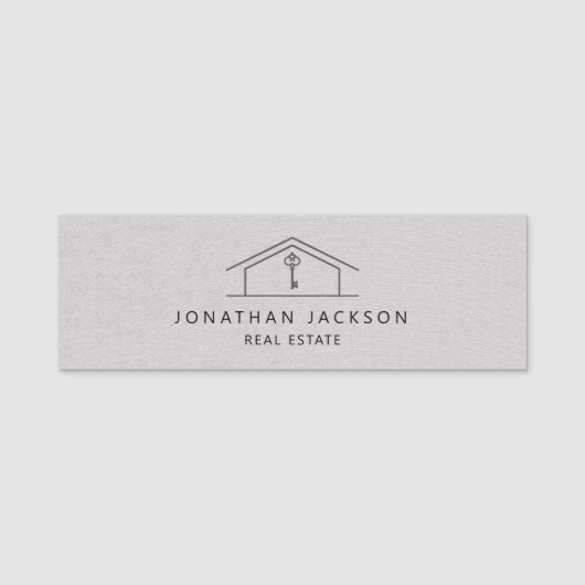 Modern Realtor Home Logo Gray Faux Linen 名札 (正面)