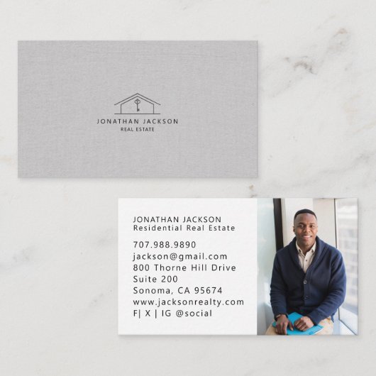Modern Realtor Home Logo Photo Gray Faux Linen 名刺 (正面/裏面)