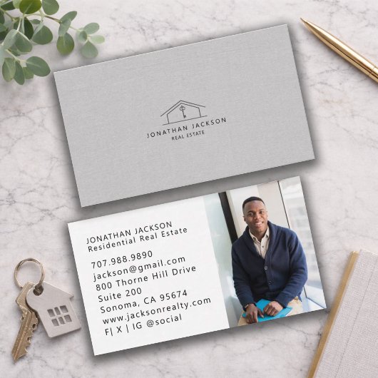 Modern Realtor Home Logo Photo Gray Faux Linen 名刺