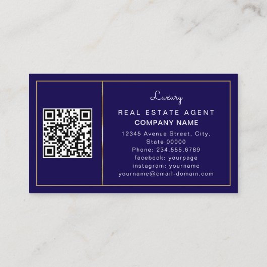 Modern Realtor Mortgage Broker Navy Blue QR code 名刺 (裏面)