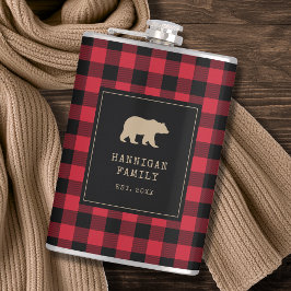 Modern Red and Black Buffalo Plaid Family Name フラスク